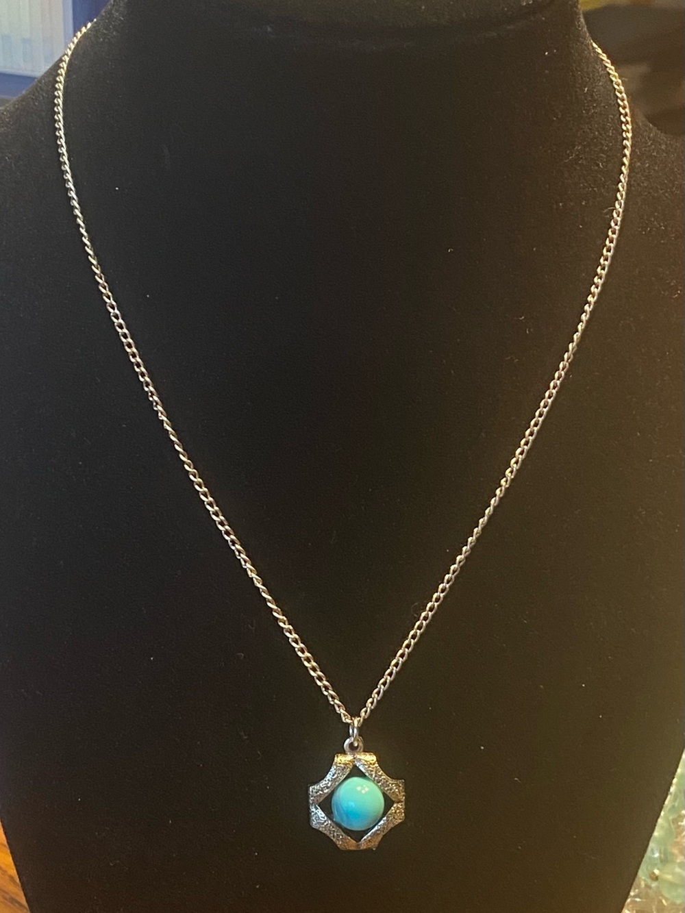Silver Ribbon Cage Faux Turquoise
Necklace Modern Brutalist Boho Western